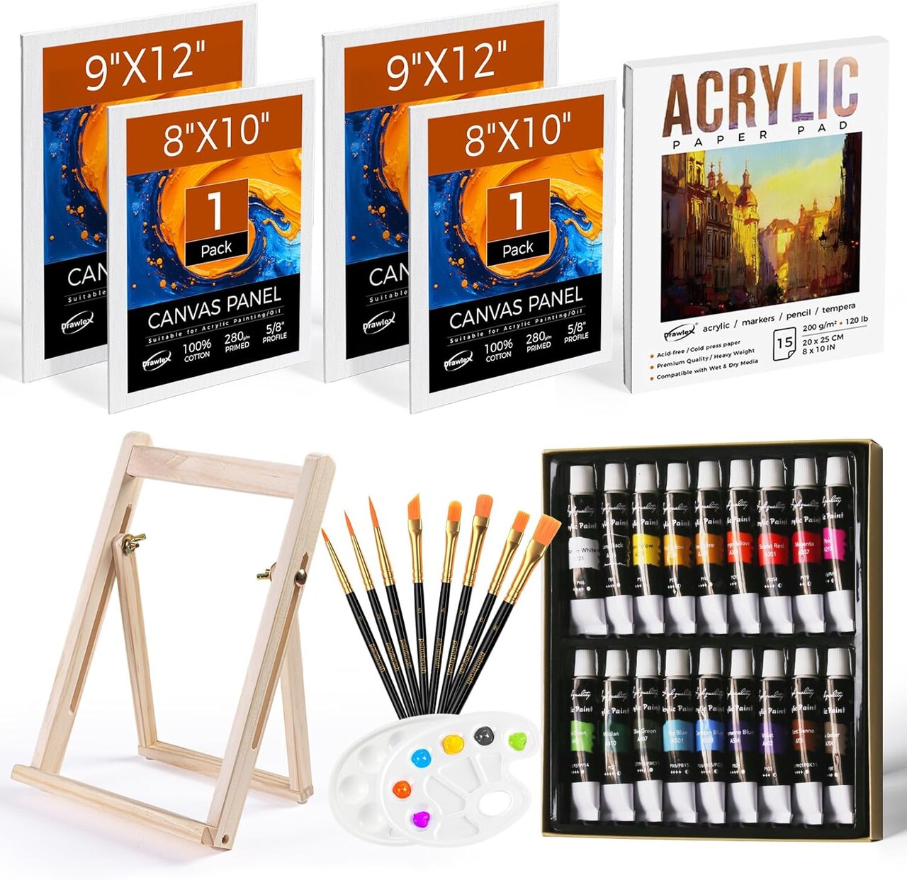Paint Set, Acrylic Paint Canvas Set, 34 PCS Painting Kit with 18 Acrylic Paints, 4 Canvas Panels, Drawing Pad, Wood Easel, Ideal for Art Lovers and Creative Painting